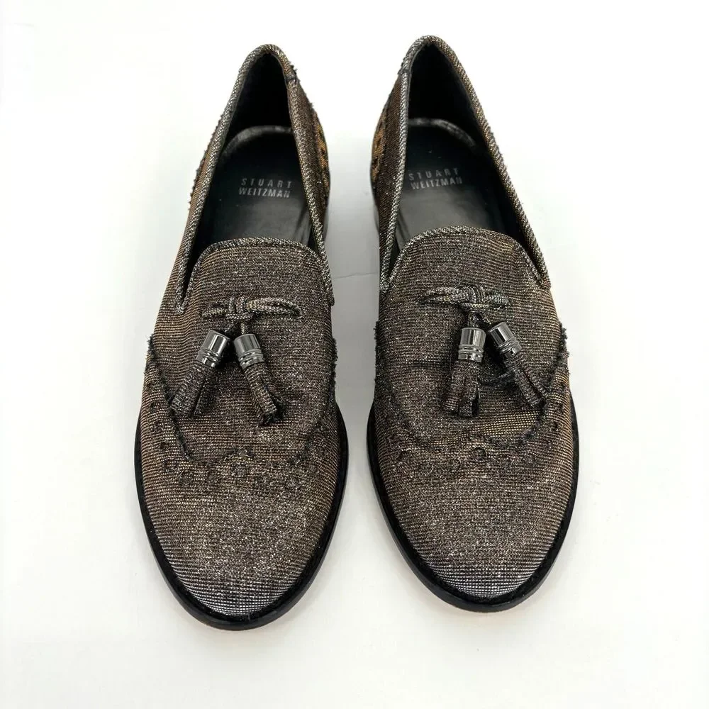 Stuart Weitzman Womens 7 Leather Colorblock Pattern Metallic Gold Silver Loafers